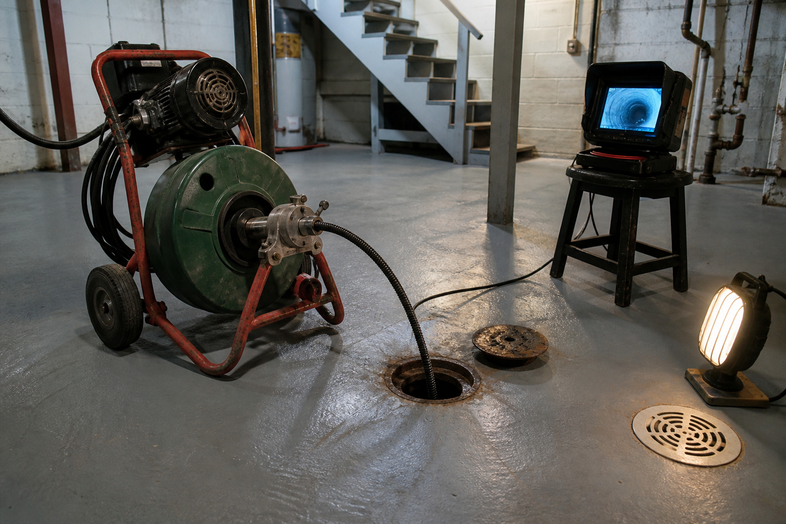 Drain auger machine feeding a cable into a basement sewer cleanout