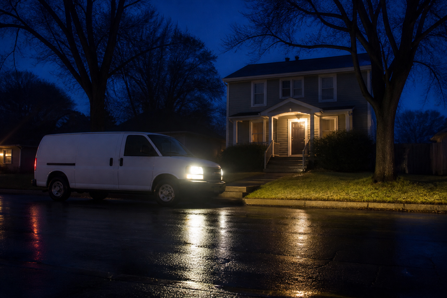 Service van responding to an after-hours plumbing emergency at a Kansas City home at night