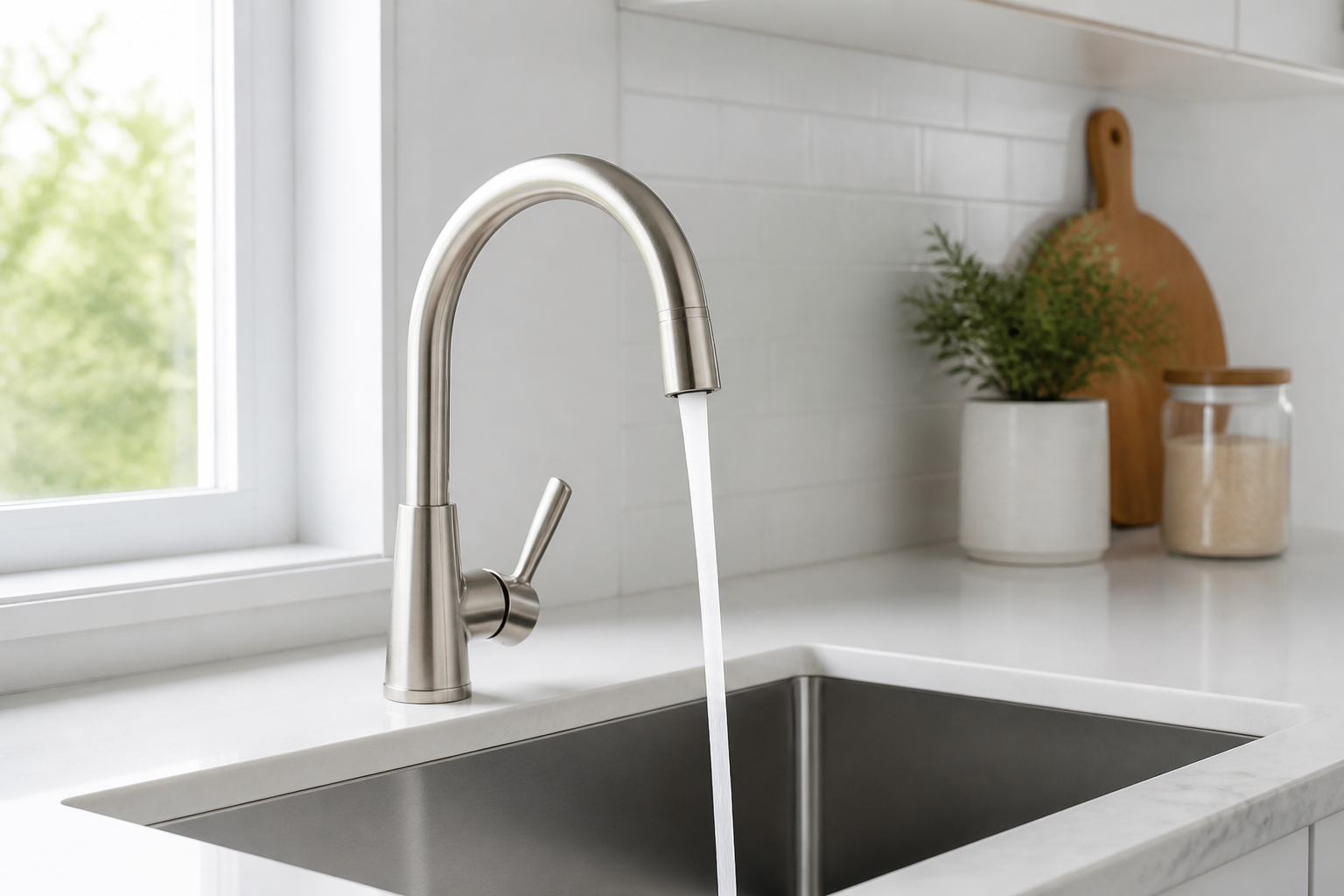 Newly installed brushed-nickel kitchen faucet running water in a Kansas City home