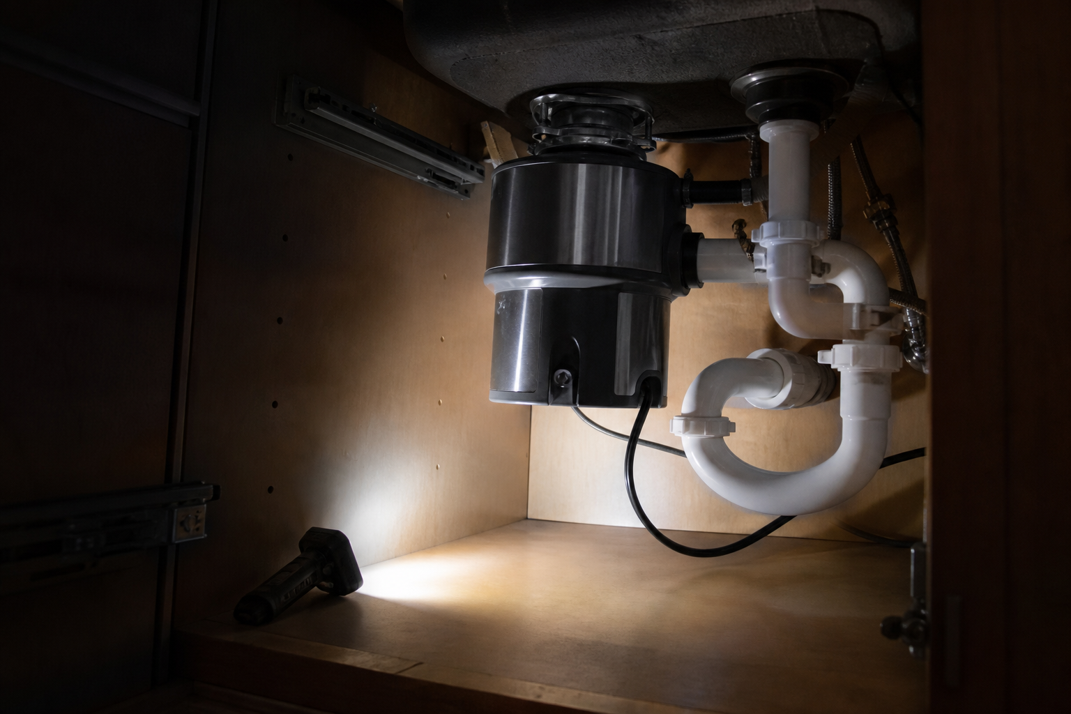 Stainless steel garbage disposal mounted under a kitchen sink with new trap piping