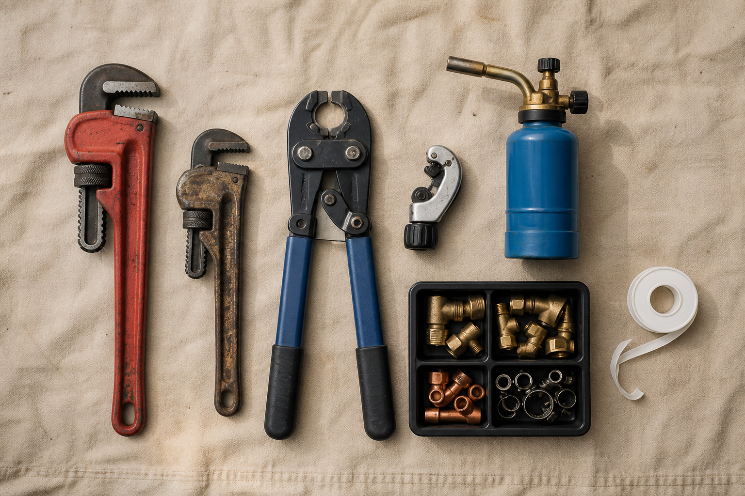 Plumber's pipe wrenches, PEX tools and brass fittings laid out on a canvas drop cloth