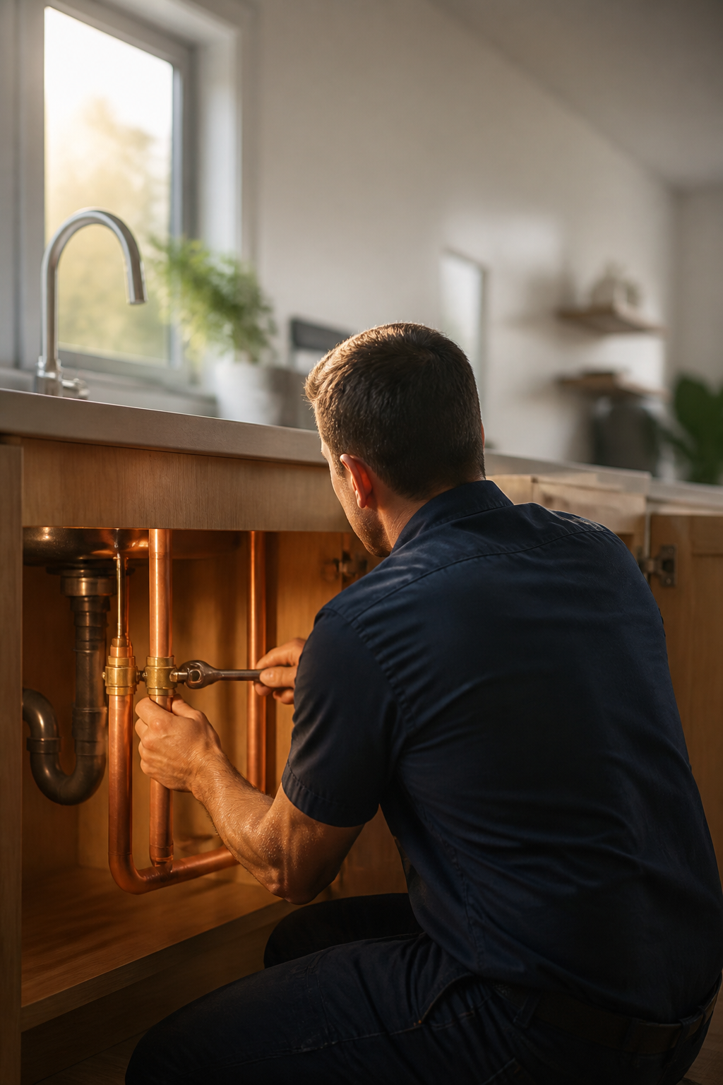 Old School Plumbing technician fitting copper supply lines under a Kansas City kitchen sink