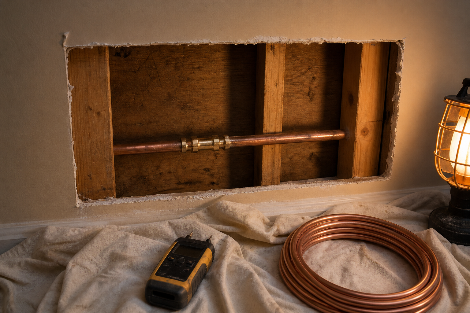 Copper water line repaired inside an opened wall cavity by a Kansas City plumber