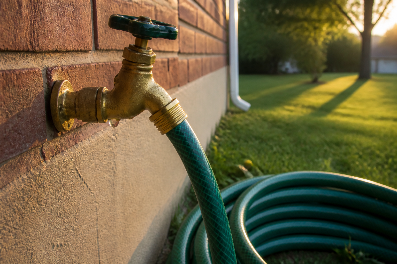Replaced brass frost-free outdoor hose bib on the brick exterior of a Kansas City home