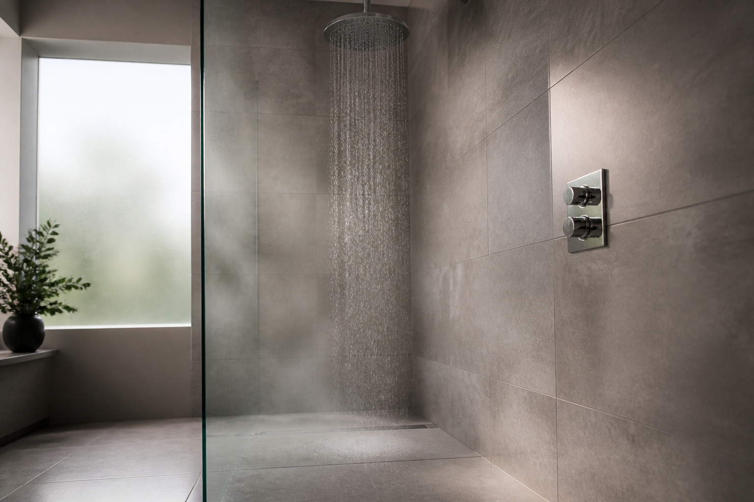 Newly finished tiled walk-in shower with a chrome valve and rainfall head
