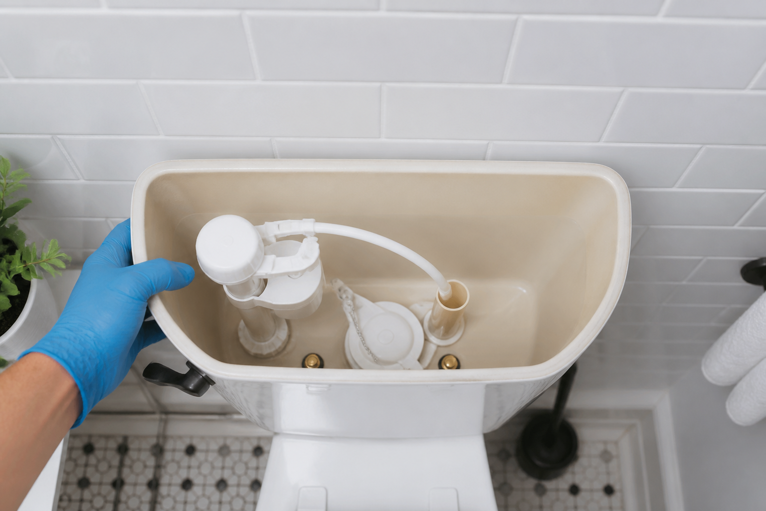 New fill valve and flapper installed in a toilet tank by a Kansas City plumber