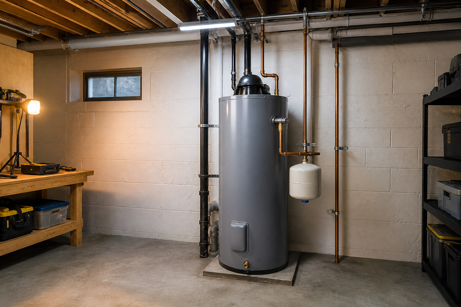 Newly installed residential water heater with copper connectors in a Kansas City basement